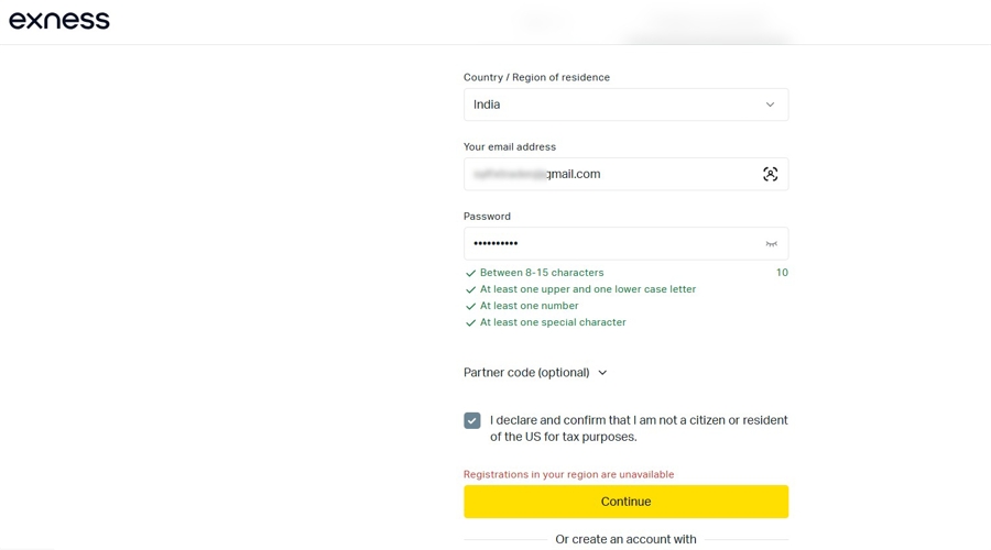 Exness India registration page, tonight
