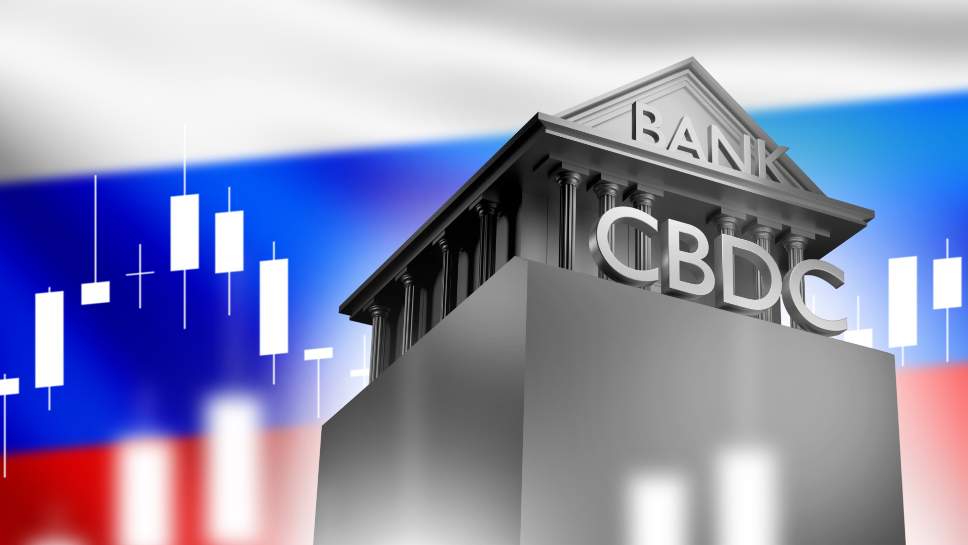 CBDC in Russia. Bank building near flag of Russian federation. CBDC quotes and features. Digital currency of central bank. Implementation of money blockchain in Russia. CBDC rubles. 3d image