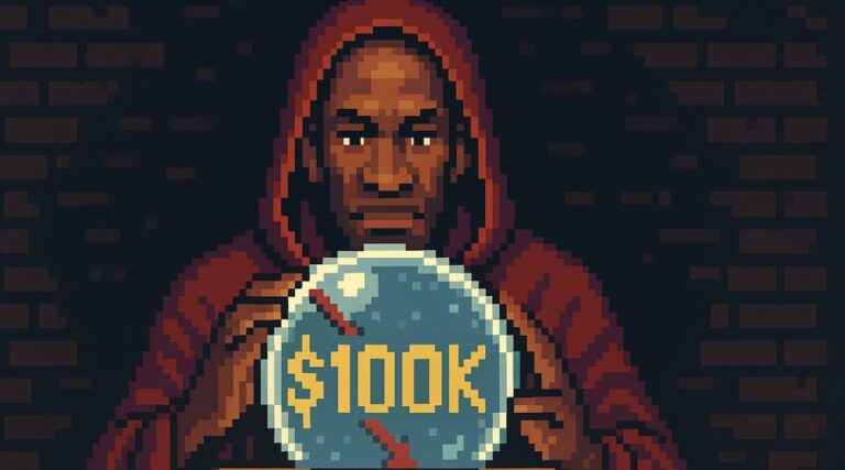 Pixel art representing Arthur Hayes holding a crypto crytstall ball with btc price prediction