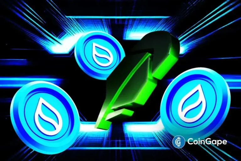 SUI price chart shows ascending triangle pattern with breakout projection after Robinhood listing.