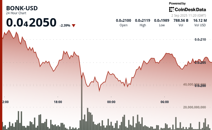 Chart displaying HBAR price volatility between $0.21 and $0.22 with strong recovery after early session dip on September 1-2.