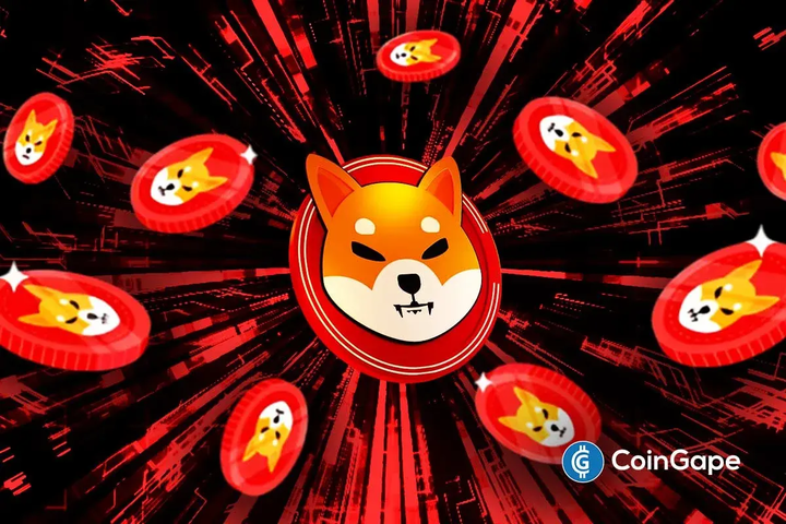 Shiba Inu tokens swirling in a digital red background representing ShibaSwap upgrade