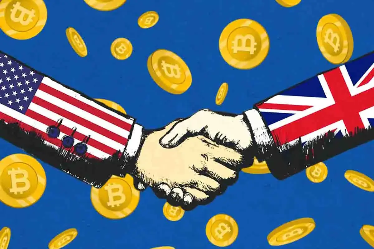 Handshake between US and UK with Bitcoin coins symbolizing crypto cooperation