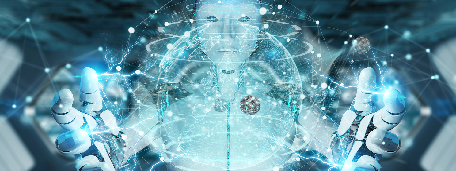 woman cyborg on blurred background using planet Earth interface