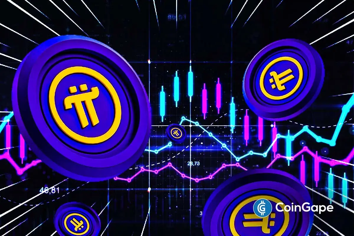 Pi Network coins with market charts showing trading activity and price movement.