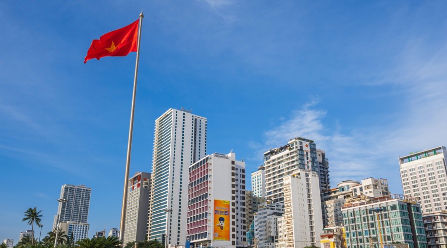 A flag of Vietnam hosted in the city-center of Nha Trang