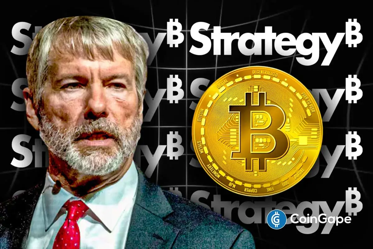 Michael Saylor stands before Bitcoin and Strategy logos, symbolizing Strategy Inc’s Bitcoin treasury stance.