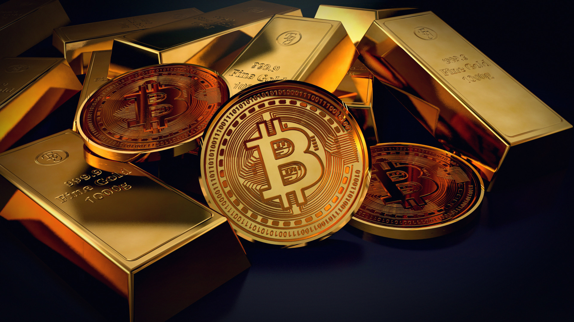Bitcoin and gold bars - Three bitcoins lying together with ingots of gold in dark room. Price and value concept. 3d render illustration.