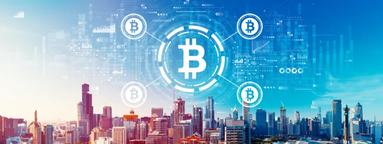 Bitcoin theme with downtown Chicago skyline