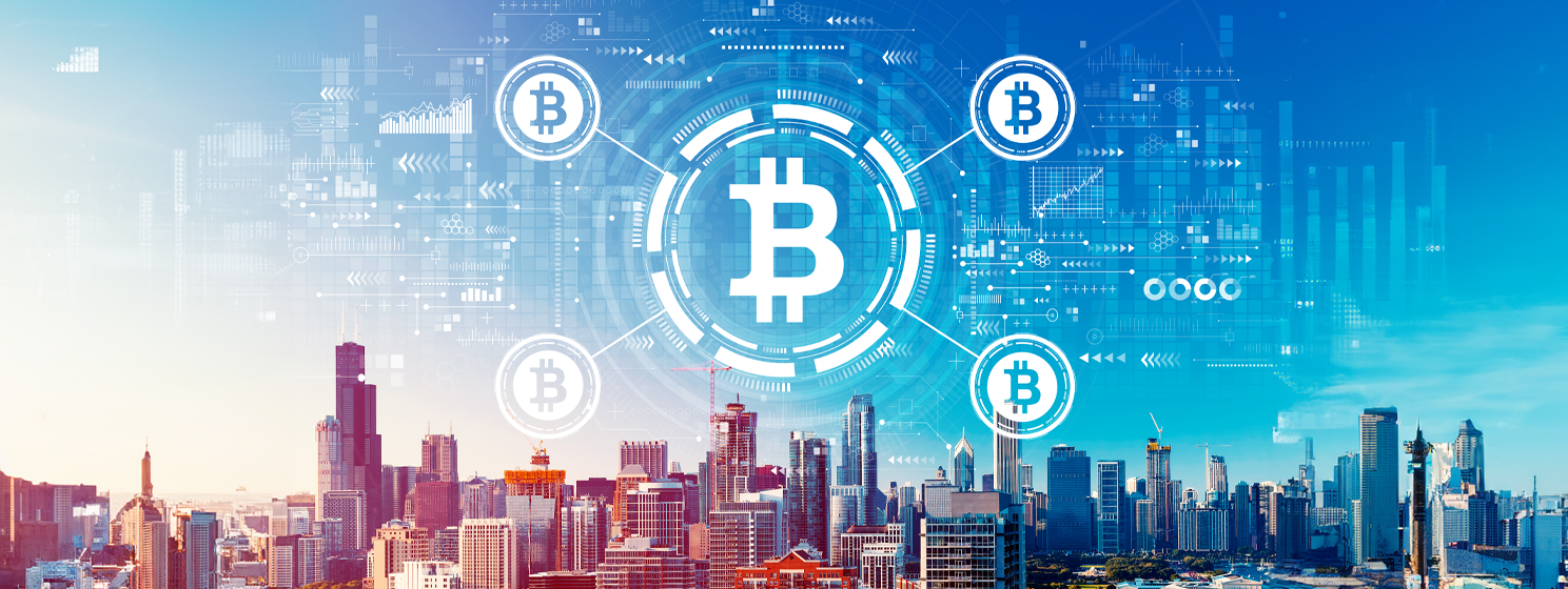 Bitcoin theme with downtown Chicago skyline