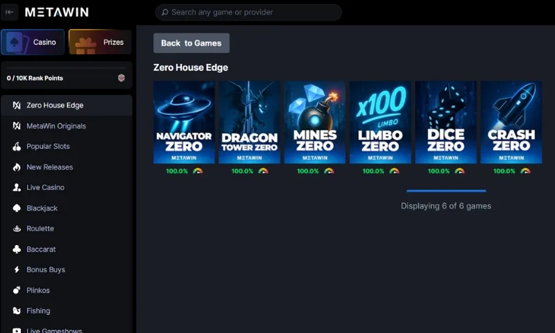 Metawin Zero House Edge Games