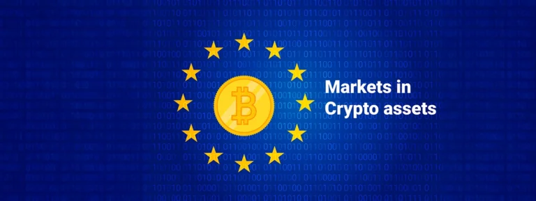 MiCA - Markets in Crypto assets regulation flag of European Union and map of Europe background.