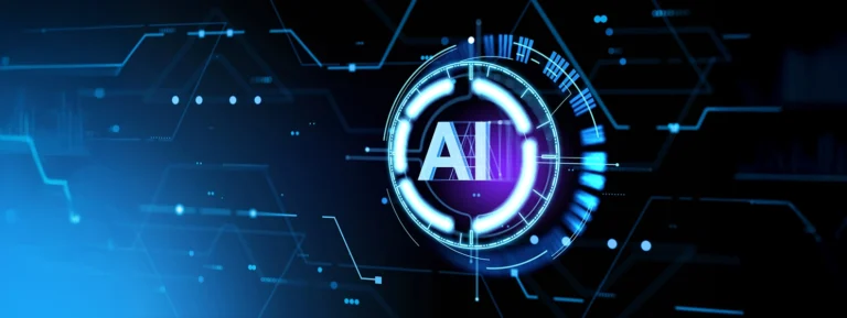 Digital hologram with AI, glowing abstract circles and digital circuit board. Concept of artificial intelligence, futuristic technology and machine learning.