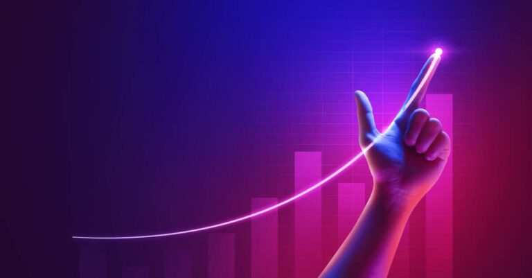 Business success of growth metaverse finance and investment profit graph concept or development analysis progress chart on financial market achievement strategy background with increase hand diagram