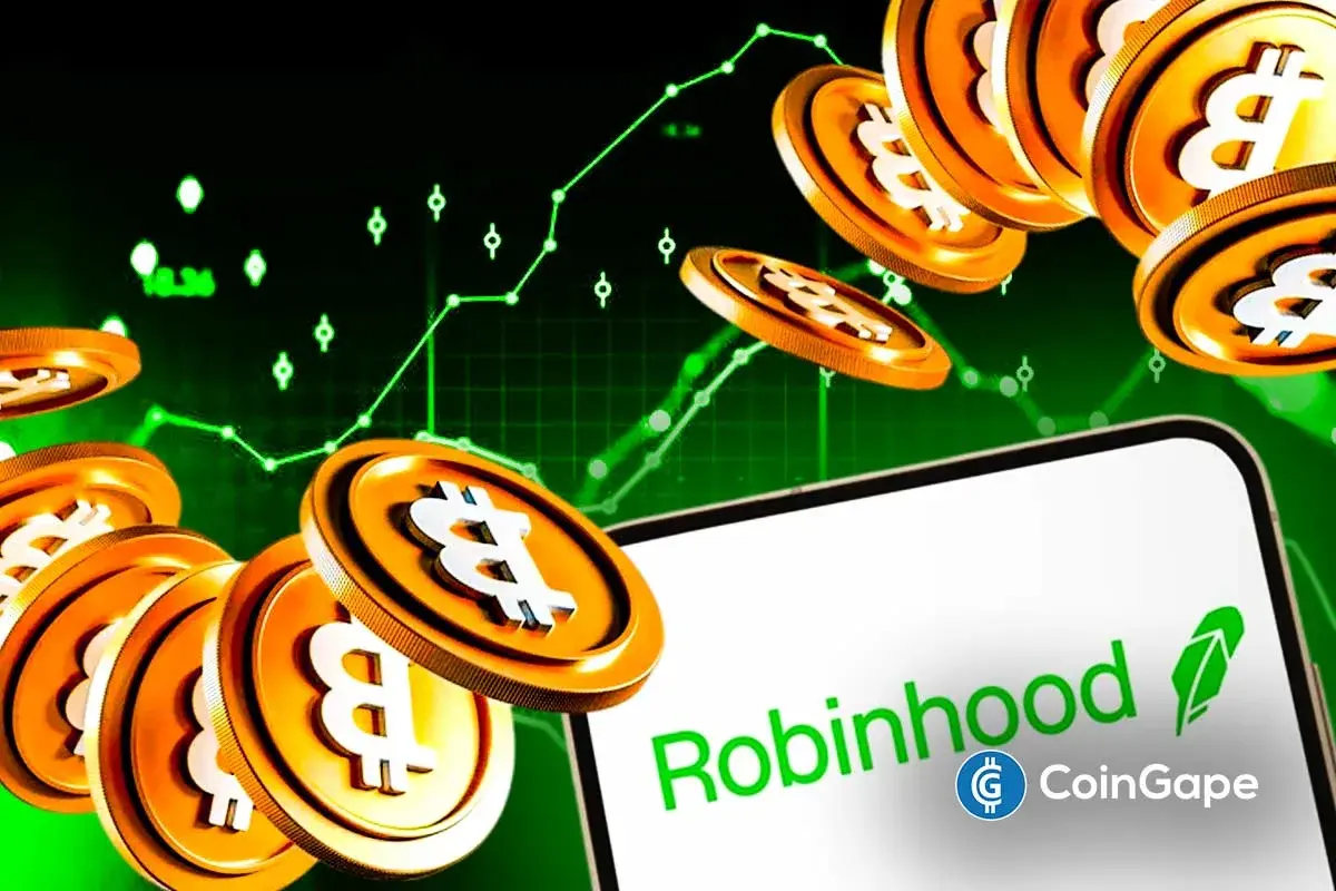 Bitcoin image floating over Robinhood logo after listing of BTC-backed stocks from Strategy.