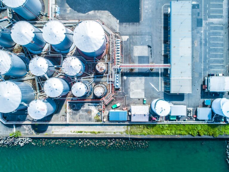 Aerial view. Piping and tanks of industrial factory