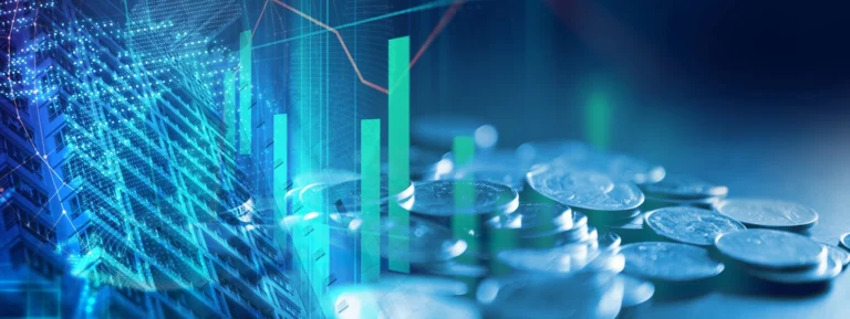 Pile of coins on technology financial graph background.