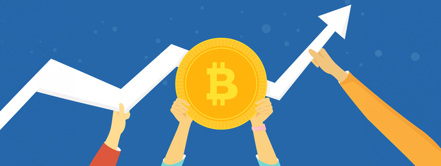 Bitcoin golden symbol with an increasing arrow concept