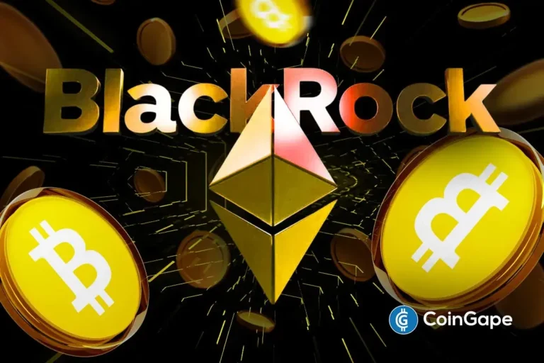 BlackRock logo with Bitcoin and Ethereum symbols representing large institutional crypto accumulation.