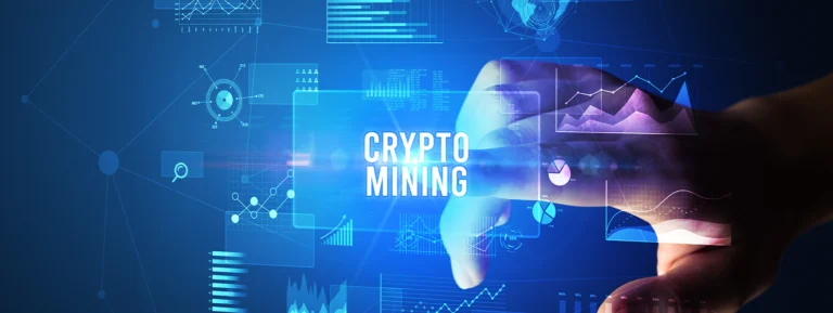 crypto mining - touching digital button, modern technology concept