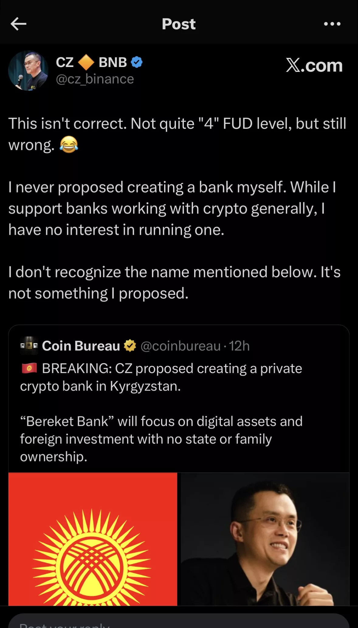 Screenshot of Changpeng Zhao's now-deleted tweet debunking claims of a crypto bank launch in Kyrgyzstan.