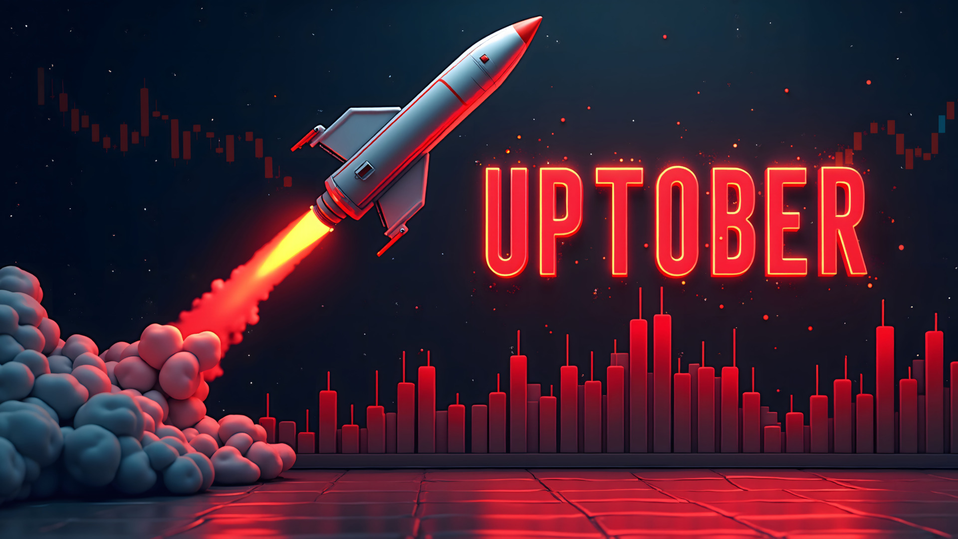 Rocket launch with 'Uptober' cryptocurrency theme
