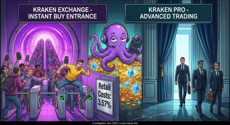 Editorial illustration of Kraken Exchange showing Instant Buy entrance at 3.5% fees with retail crowd versus Kraken Pro entrance at 0.25-0.40% fees with professionals, purple octopus mascot wearing customer service headset sits centrally on coins
