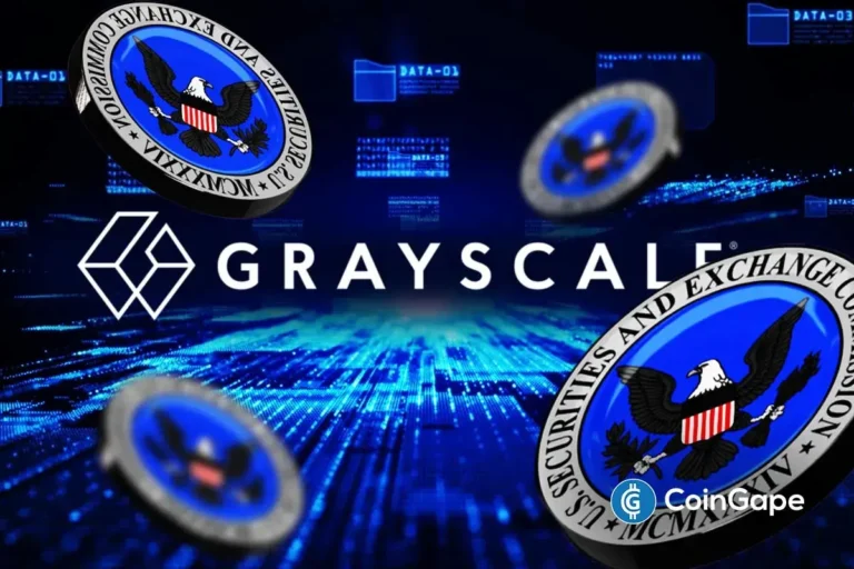 Grayscale logo with SEC emblems representing regulatory approval ahead of the Dogecoin and XRP ETF launch on NYSE.