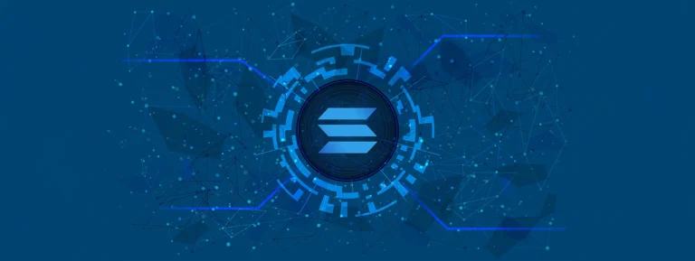 Solana SOL token symbol in digital circle with cryptocurrency theme on blue background. Cryptocurrency coin icon. Vector illustration.