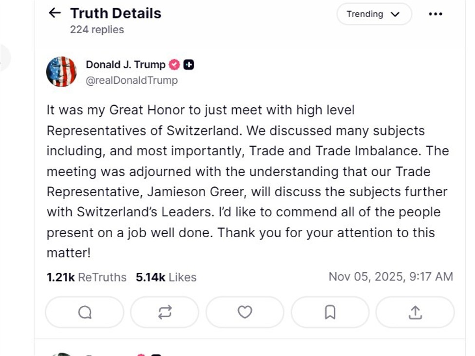 Trump meets Swiss officials, signals progress on tariff dispute | investingLive