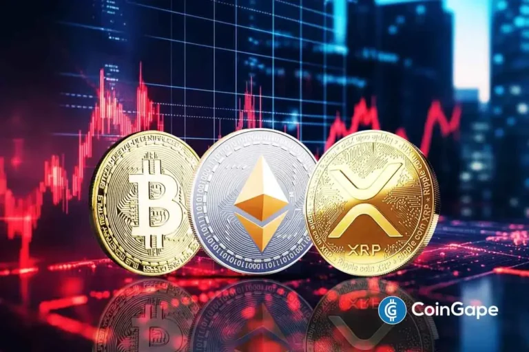 Bitcoin, Ethereum, and XRP coins displayed against a rising market chart, highlighting renewed momentum in major cryptos.