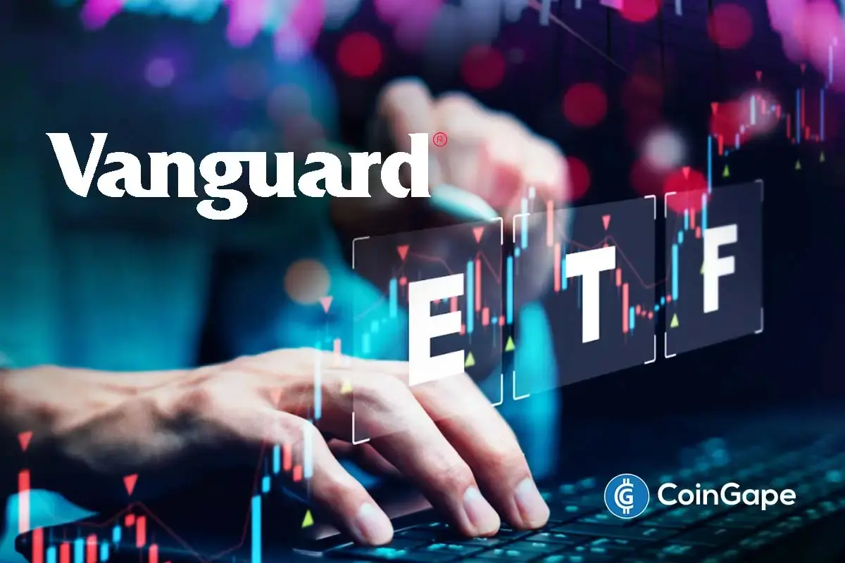 Vanguard logo appears beside ETF graphics as firm allows Bitcoin ETF trading while remaining skeptical of BTC.