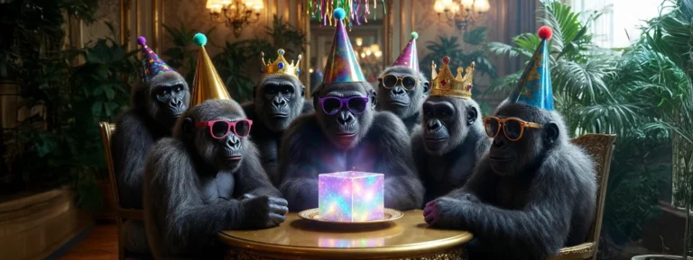 Gorillas wearing party hat and sun glasses, in front of a glowing cube.