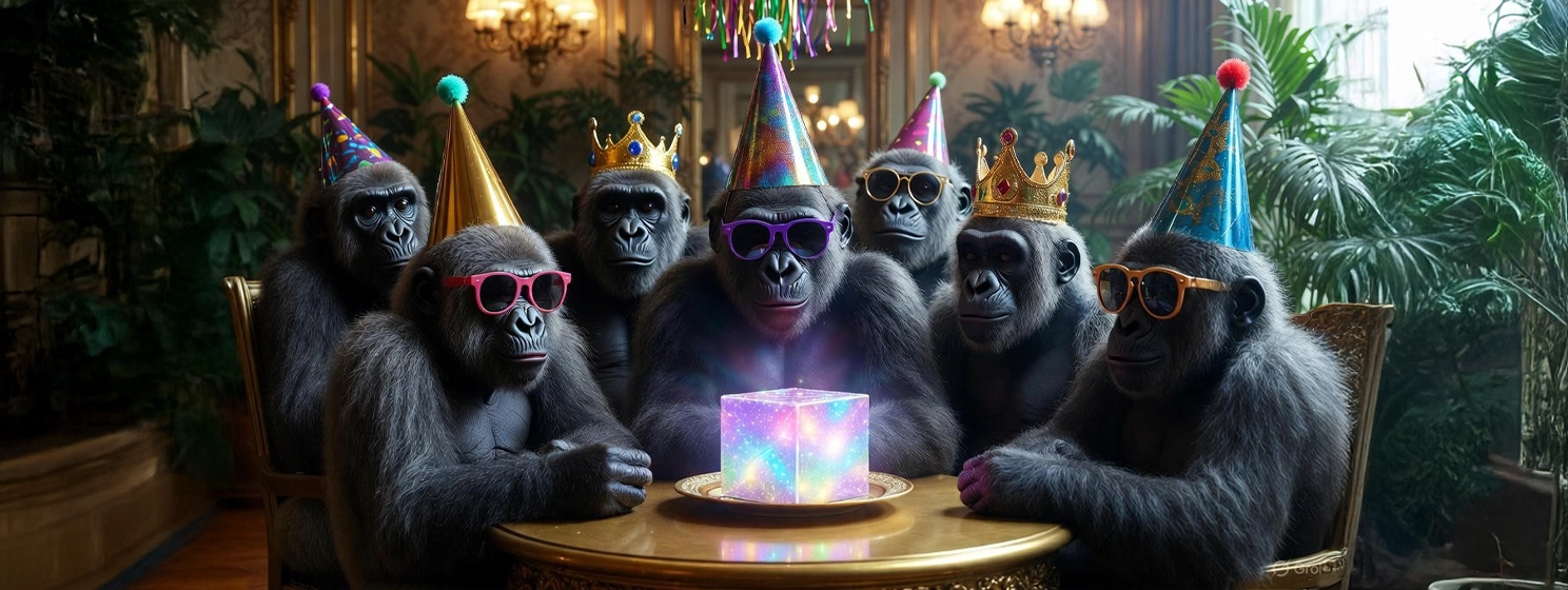 Gorillas wearing party hat and sun glasses, in front of a glowing cube.