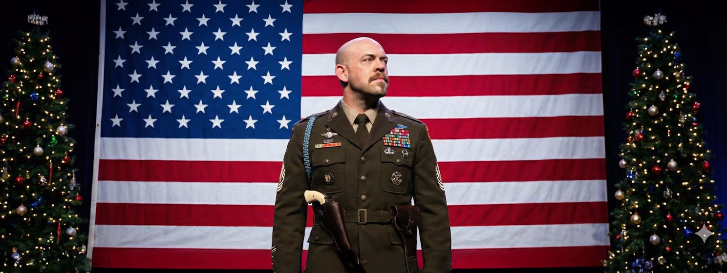 Kurt Wuckert Jr. in front of the American flag with two Christmas trees at the side of it.