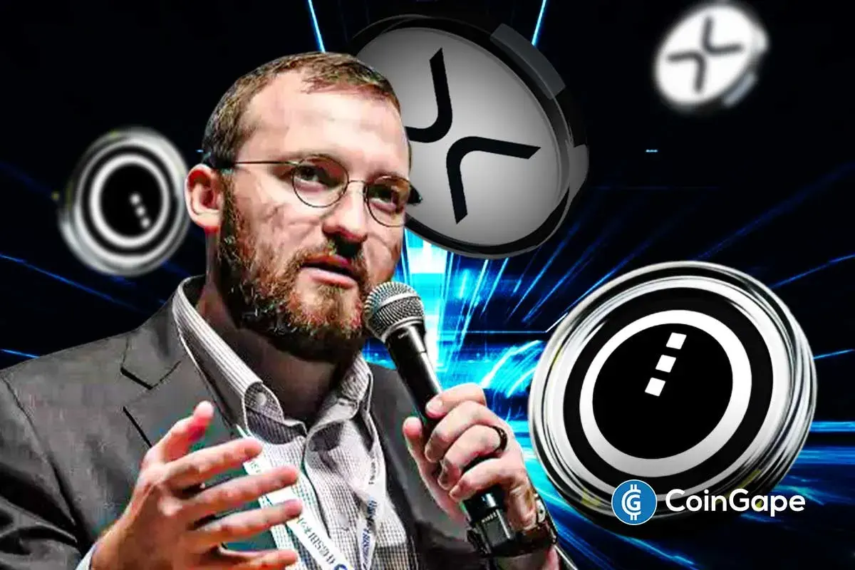 An image of the Cardano founder, XRP and Midnight logos