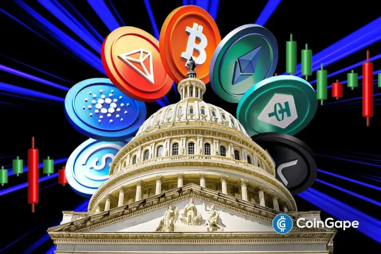 U.S. Capitol surrounded by major cryptocurrencies, symbolizing bipartisan talks on crypto market structure regulation.