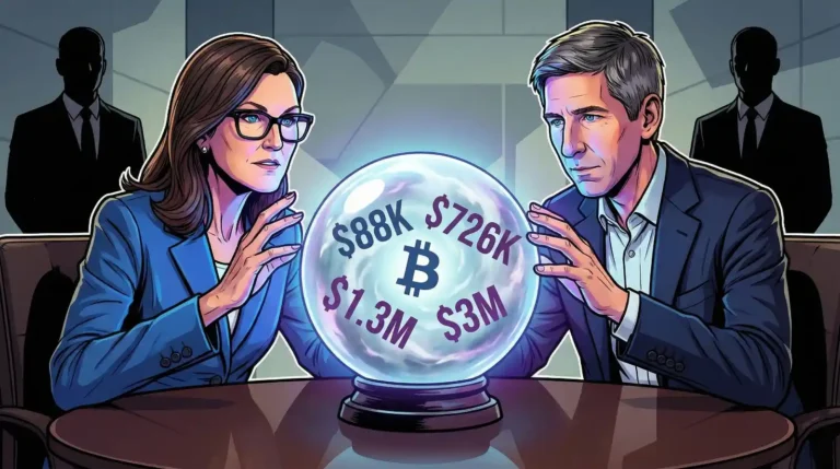 Two financial analysts examine a crystal ball showing Bitcoin price predictions ranging from $88K to $3M for 2035