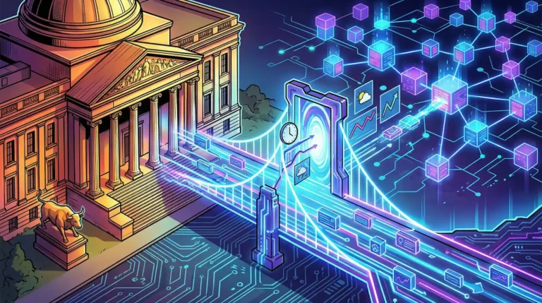 Chainlink ETF illustration showing classical stock exchange building connected via data portal to blockchain network, representing NYSE Arca parent ICE partnership with Chainlink oracle technology