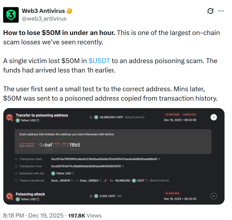 Copy-Paste Mistake Leads to $50M USDt Loss in Address Poisoning Scam - AabeyLLC Crypto