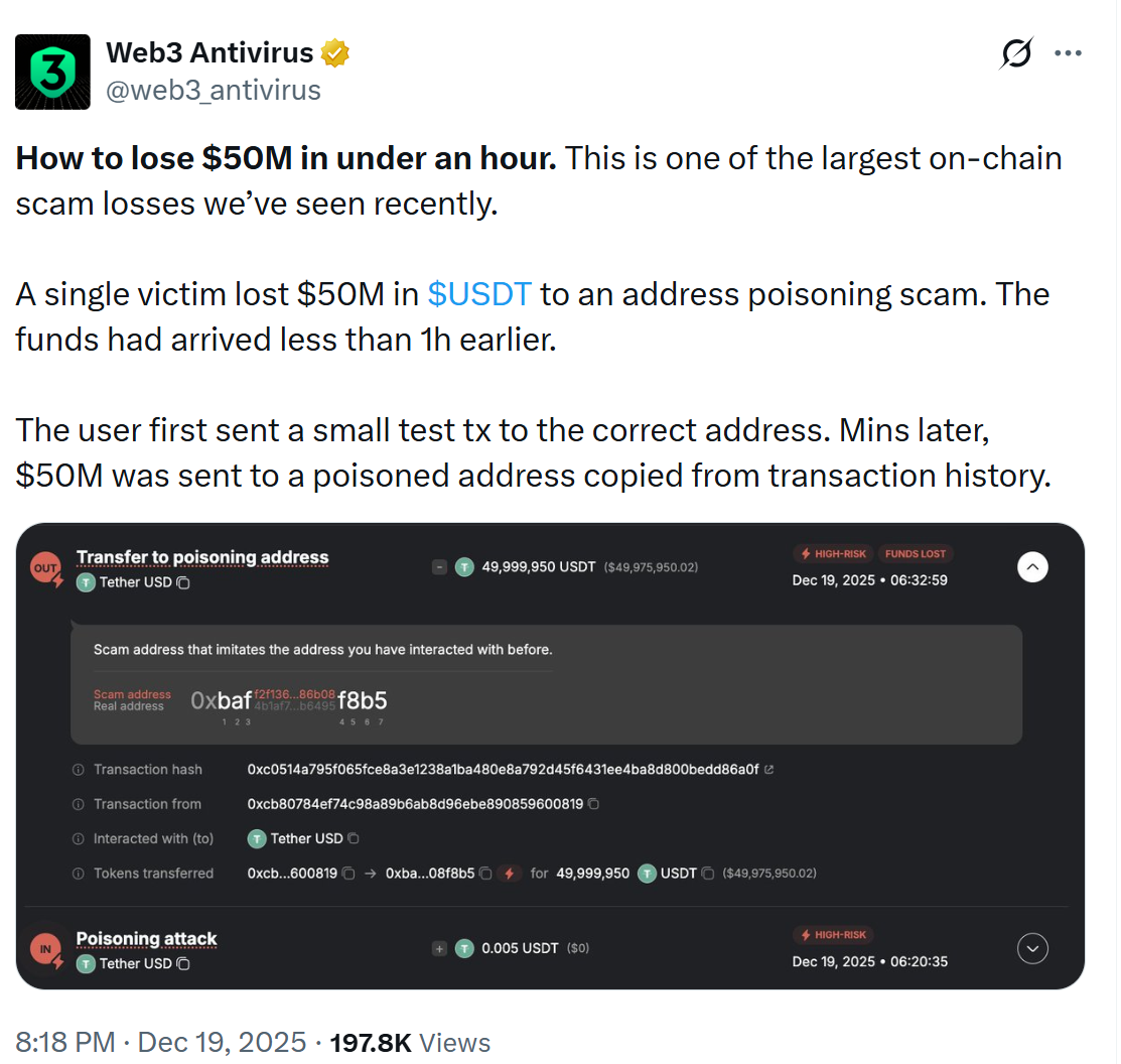 Copy-Paste Mistake Leads to $50M USDt Loss in Address Poisoning Scam - AabeyLLC Crypto
