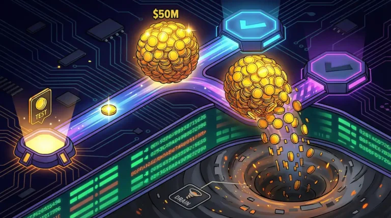 Illustration of address poisoning crypto scam showing $50M in gold coins flowing from a small test transaction through blockchain checkpoints before draining into a black vortex, representing how stolen USDT was laundered after the attack