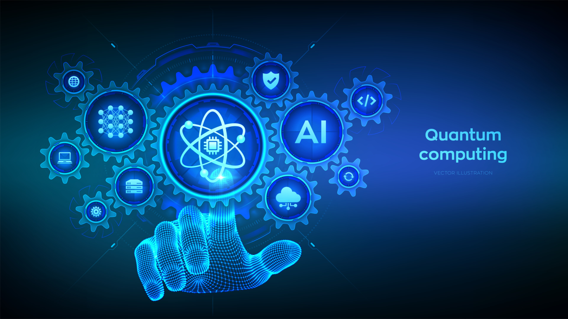 Quantum computing technology concept. Quantum qubit intelligent computing. Quantum technology. Data analytics. Hand touching digital interface with interconnected gears and icons. Vector illustration.