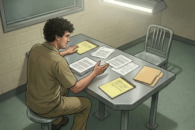 Illustration of Sam Bankman-Fried in prison uniform reviewing legal documents at a metal table, depicting his role as a jailhouse lawyer advising fellow inmates