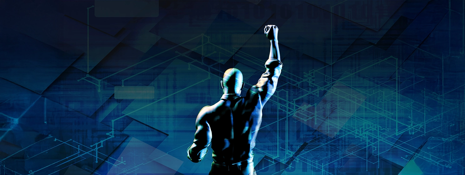 A bald man facing away raising his arm.