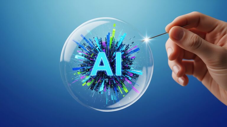 A needle approaches a fragile bubble containing glowing AI data, symbolizing the delicate balance and potential risks of artificial intelligence.