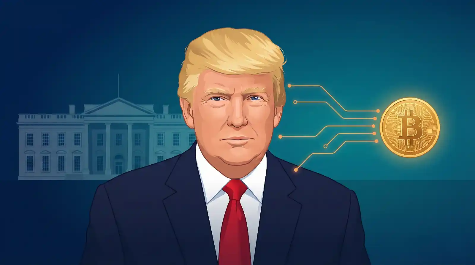 Trump administration Bitcoin policy and Strategic Bitcoin Reserve concept illustration showing White House and Bitcoin symbol