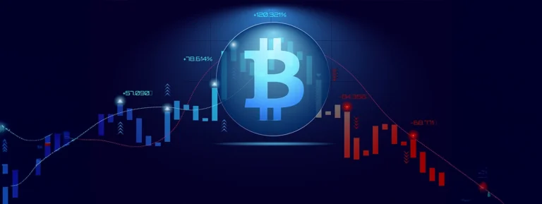 Cryptocurrency market trading chart displays a prominent bitcoin symbol, emphasizing a digital finance theme. Concept of real-time trading visualized through glowing chart.