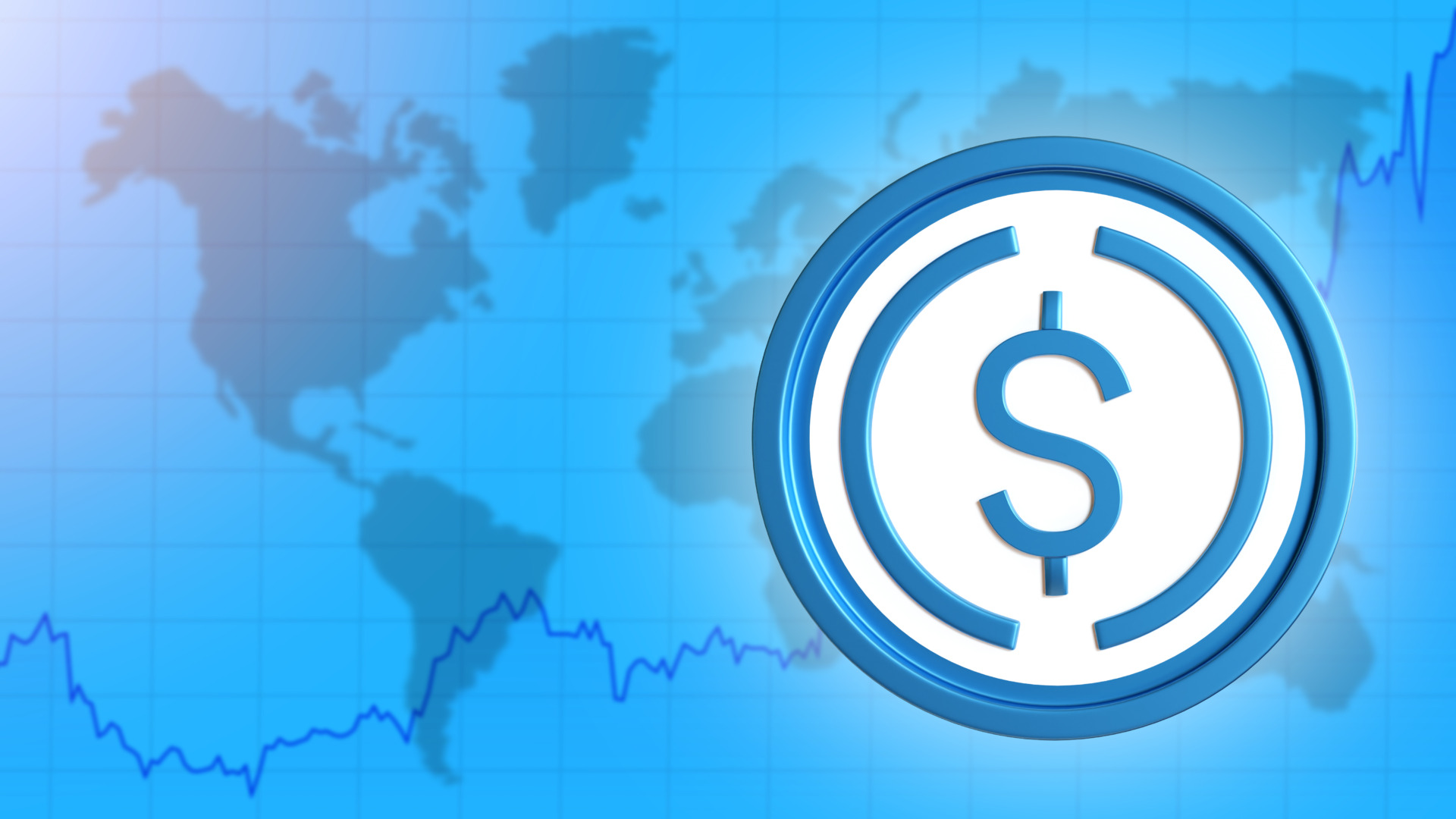 USDC rise and fall chart. USDC logo in front of world map. USDC Trading. USD Coins. Digital dollar investment concept. Cryptocurrency USD. Stablecoin technology. Crypto tech. 3d rendering.