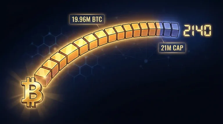 Bitcoin supply visualization showing 19.96M BTC mined progressing toward the 21M cap by year 2140, with golden blocks representing mined coins and blue blocks representing remaining supply